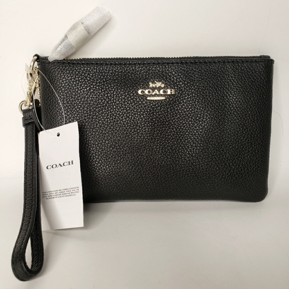 NWT Coach Logo Polished Pebble Leather Small Zip Top Wristlet